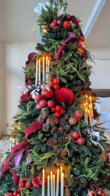 Floating Candles Christmas Tree, Christmas Tree With Fruit Decorations, Floral Decorated Christmas Trees, Greenery In Christmas Tree, Dramatic Christmas Tree, Extra Large Ornaments On Tree, Traditional Christmas Tree Topper, Christmas Tree Red Velvet, Williamsburg Christmas Tree