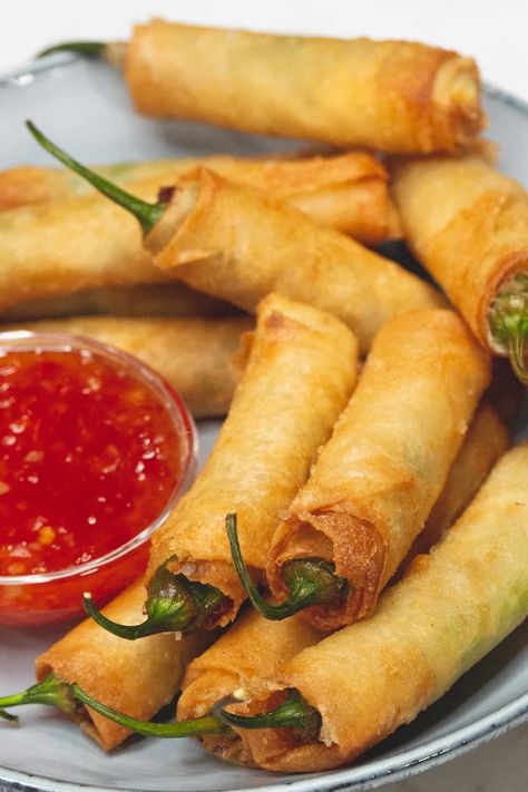 Dynamite Lumpia Recipe - Recipes by Nora Lumpia Wrapper Ideas, Dynamite Lumpia, Peppers Stuffed With Cream Cheese, Dynamite Recipe, Filipino Appetizers, Lumpia Recipe, Canned Crab Meat, Filipino Street Food, Green Tomato Recipes