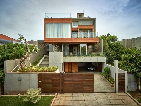 Raw Architecture, Terraced Gardens, Tropical Retreat, Tropical House Design, Modern Exterior House Designs, Duplex House Design, Elevation Design, Huge Windows, Driveway Gate