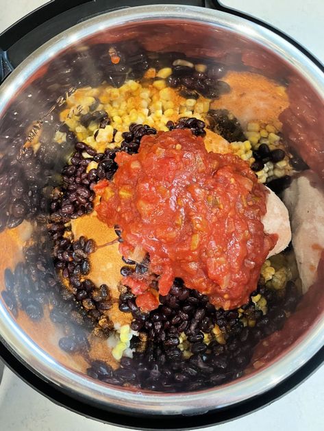 Instant Pot Black Bean Corn Salsa Chicken Recipe (Freezer Meal) Salsa Chicken Recipe, Bean Corn Salsa, Salsa Chicken Crockpot, Corn Bean Salsa, Black Bean Corn Salsa, Slow Cooker Black Beans, Black Bean Corn, Black Bean Salsa, Corn Chicken