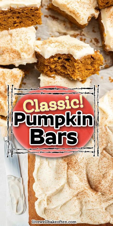 pumpkin bars Best Pumpkin Bars, Easy Pumpkin Bars, Live Well Bake Often, Seasonal Baking, Dessert From Scratch, Pumpkin Cake Recipes, Homemade Pumpkin Puree, Fall Gathering, Pumpkin Bars