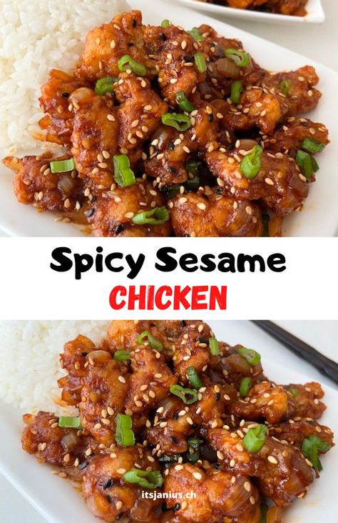 Try this delicious and simple spicy sesame chicken dish! It's the perfect crispy chicken recipe that is so easy to make. Spicy Sesame Chicken Recipe, Spicy Sesame Chicken, Sesame Chicken Sauce, Sesame Recipes, Hot Chicken Recipe, Spicy Korean Chicken, Chicken Sauce Recipes, Crispy Chicken Recipes, Sesame Chicken Recipe