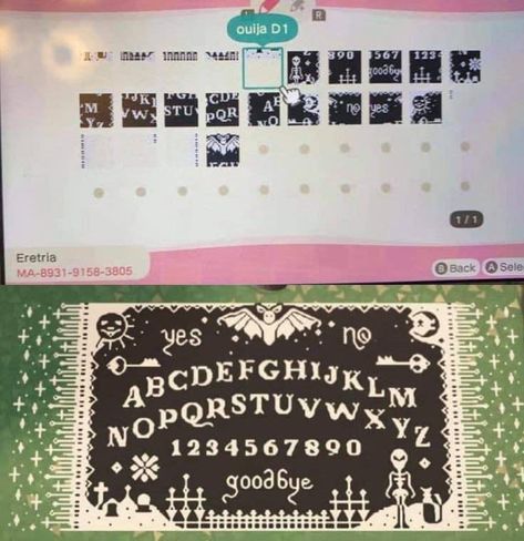 Acnh Ouija Board Code, Witchy Custom Designs Acnh, Acnh Spooky Clothes, Acnh Goth Design Codes, Animal Crossing Witchcore Codes, Animal Crossing Island Inspiration Spooky, Acnh Spooky Design Codes, Acnh Wallpaper Design Codes Black, Animal Crossing Witch Design Codes