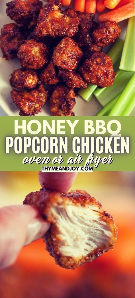 Skip Sonic, KFC, or even Applebee's and make your own honey BBQ popcorn chicken right at home! Tender pieces of chicken breast are coated in breadcrumbs and baked in the oven or air fried before tossing with your favorite honey barbeque sauce for a sweet and tangy way to enjoy a snack, appetizer, or a quick and easy main course paired with your favorite side dishes! Gluten free and keto options included! Oven Popcorn Chicken, Baked Honey Bbq Chicken Bites, Barbeque Chicken Crockpot, Boyfriend Recipes, Honey Bbq Chicken Bites, Chicken Bites Oven, Oven Baked Bbq Chicken Breast, Honey Barbeque Chicken, Oven Bbq Chicken Breast