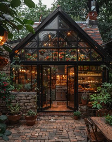 Off Grid Life Black Buildings, Urban Patio, Witchcraft 101, Boho Decor Ideas, Property Ideas, Tiktok Influencer, Outdoor Greenhouse, Pocket Park, Backyard Greenhouse