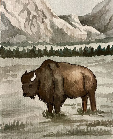 Buffalo Animal Drawing, Western Art Sketches, Buffalo Watercolor Painting, Bison Watercolor Painting, Western Horse Painting, Watercolor Wildlife Paintings, Watercolor Western Art, Western Watercolor Paintings Easy, Buffalo Drawing Simple