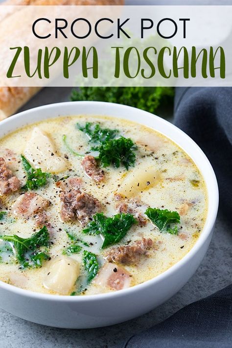 Easy Crockpot Zuppa Toscana Soup, Sausage Kale Potato Soup Crock Pot, Kale Soup Recipes Crockpot, Crock Pot Zuppa Toscana, Freezer Zuppa Toscana Soup, Zupa Toscana Soup Easy, Comfort Food Slow Cooker, Zappa Toscana Soup Crock Pot, Zupa Toscana Soup Crockpot