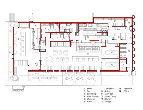 Gallery of Uchiko / Michael Hsu Office of Architecture - 18 Restaurant Floor Plan With Dimensions, Restaurant Plan Layout, Restaurant Plan Architecture, Restaurant Layout Plan, Michael Hsu, Restaurant Floor Plan, Japanese Restaurant Interior, Floor Plan With Dimensions, Japanese Restaurant Design