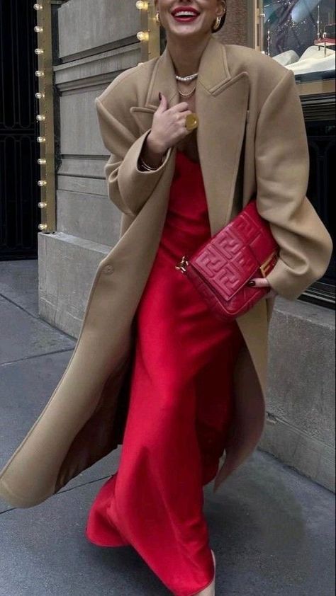 Red And Beige Outfit, Camel Long Coat, Red Coat Outfit, Long Satin Dress, Trendy Fall Fashion, Fendi Dress, Red Satin Dress, Satin Dress Long, Beige Outfit