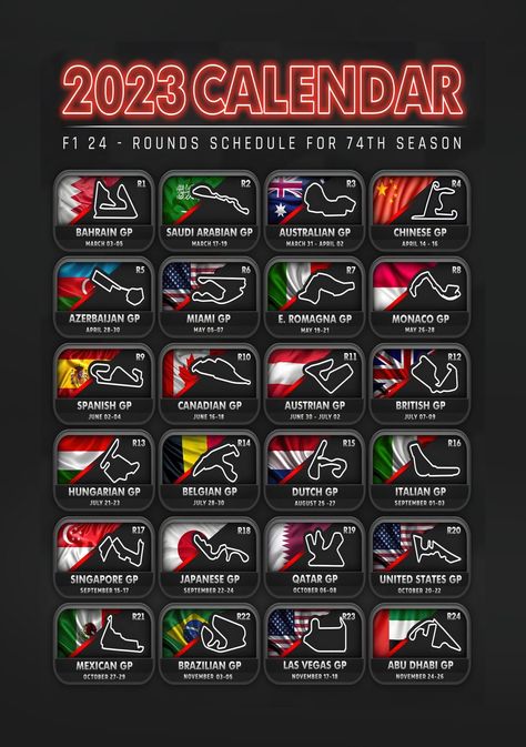 F1 2023 Calendar, F1 Infographic, F1 2022 Calendar, F1 Calendar, Circuit Of The Americas F1, Race Car Driving, R5, Formula One, Formula 1