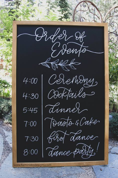 Add a touch of elegance to your big day with a calligraphy sign for your order of events!  Make a statement at your wedding with a beautiful, handcrafted sign featuring the timeline of your special day. From the ceremony to the reception, our custom calligraphy signs will add a touch of sophistication to your decor and keep your guests informed.  #CalligraphyOrderOfEvents #WeddingDecor #HandcraftedSigns Order Of Events Wedding Sign Diy, Chalkboard Wedding Seating Chart, Chalkboard Order Of The Day, Wedding Signage Chalkboard, Order Of Events Wedding Sign, Chalkboard Signature Drink Sign, Chalkboard Wedding Signs, Order Of Events Wedding Chalkboard, Order Of Events Wedding