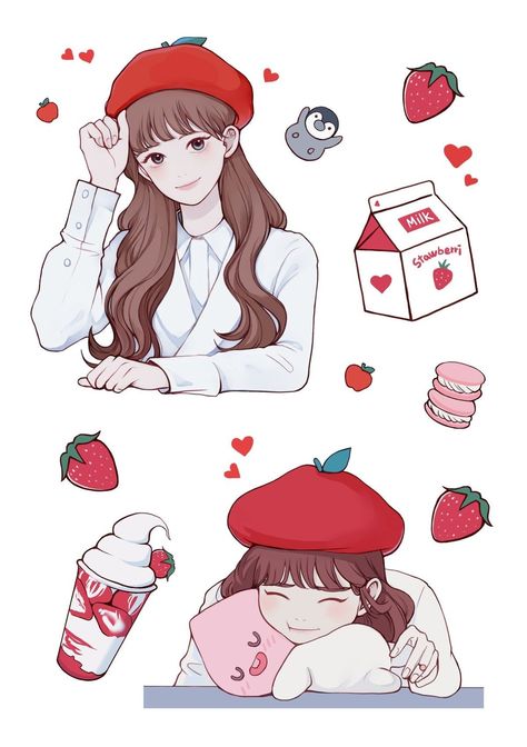 So sweet and cute❤🍥🍰 Strawberry Girl Drawing, Baby Illustration Art, Loona Fanart, 심플한 그림, Arte Do Kawaii, Cute Character, Arte Sketchbook, Cute Art Styles, Girls Cartoon Art