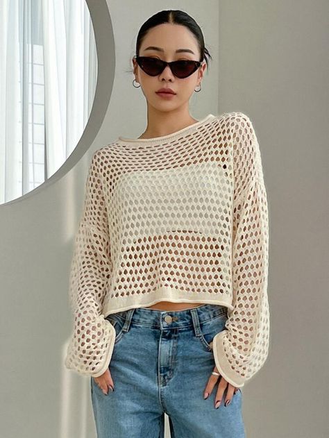 Knit Sweater Outfit, Drop Shoulder Sweater, Top Shein, Sweater Outfit, Quick Outfits, Women Sweaters, Open Knit Cardigan, Off Shoulder Sweater, Drop Shoulder Sweaters