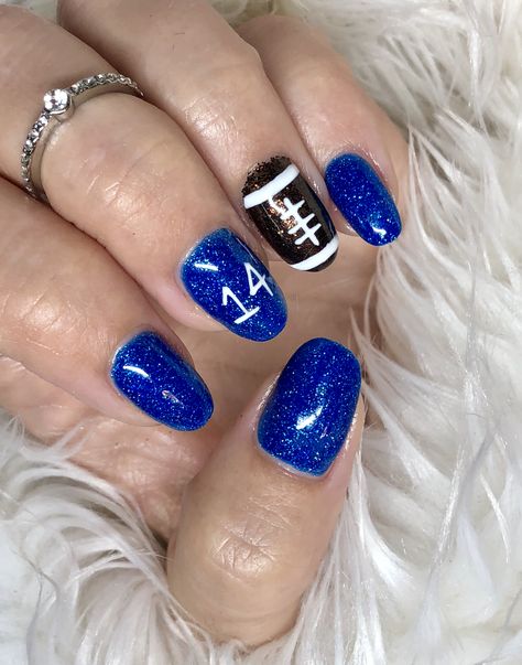 Royal Blue Football Nails, Blue And White Football Nails, Football Acrylic Nails, School Spirit Nails Designs, Blue Football Nails, Cheer Nails Designs, Football Nails Acrylic, Nail Designs Football, Football Nails Design Mom