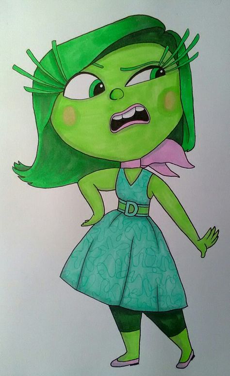 Copic pen drawing of disgust from Inside Out Drawing Ideas Inside Out, Disgust Inside Out Drawing, Inside Out 2 Painting, Drawing Inside Out Characters, Inside Out 2 Drawing Easy, Disney Drawings Ideas Cartoon Characters, Disney Character Drawings Sketches, Inside Out Sketch, Inside Out Drawing Sketches