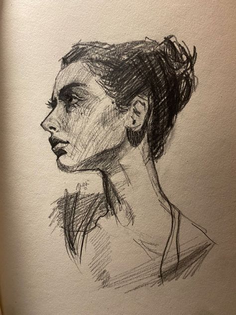 Lip Side Profile Drawing, Female Portrait Sketches Pencil, Head And Neck Anatomy Drawings, Sketch Ideas People Faces, Face Sketches Aesthetic, Sharp Drawing Style, Look Up Reference Drawing, Beginner Charcoal Drawing, People Drawings Reference