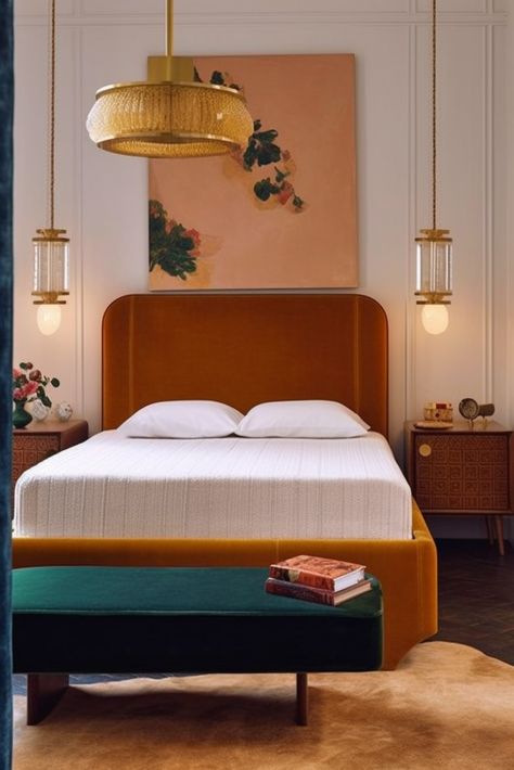 Orange Bedframe Ideas, Hotel Bedroom Inspirations, Baxter Bedroom, Post Modern Bedroom, Parisian Bedroom, Modern Hotel Room, Modern Apartment Decor, Bedroom Orange, Bedroom Renovation