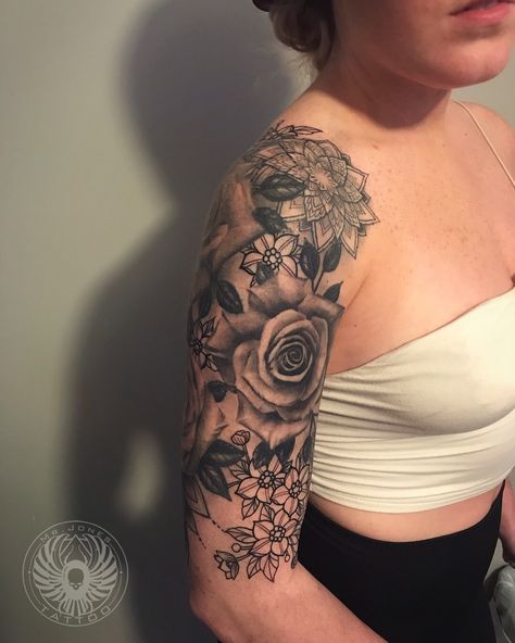 Added some cherry blossoms to my half sleeve of roses and mandalas #mrjonestattoo Half Sleeve Tattoo Template, Rose Half Sleeve, Tattoo Armband, Girl Flower Tattoos, Flower Shoulder Tattoo, Shoulder Sleeve Tattoos, Tattoos Pinterest, Quarter Sleeve Tattoos, Rose Tattoos For Men