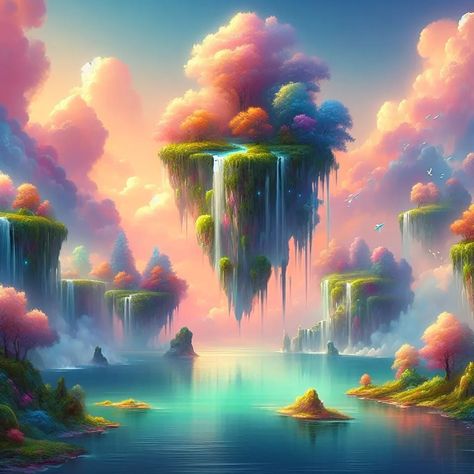 A beautiful dream land . . a painting of a waterfall in the sky, dream scenery art, fantasy art landscape, fantasy landscape painting, beautiful fantasy painting, fantasy matte painting，cute, epic dreamlike fantasy landscape, whimsical fantasy landscape art, mystical fantasy landscape, impressive fantasy landscape, atmospheric dreamscape painting, clouds. fantasy, symmetrical fantasy landscape, very beautiful fantasy art, fantasy landscape, dreamy matte painting . . . . . . #nature #nat... Fantasy Landscape Art Magic, Dreamscape Painting, Fantasy Painting Ideas, Fantasy Landscape Painting, Fantasy Art Landscape, Art Fantasy Landscape, Dream Scenery, Magic Landscape, Fantasy Landscape Art