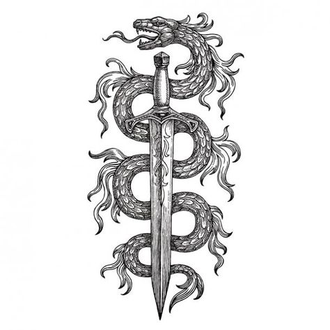 Dragon sword tattoo Japanese Samurai Swords Tattoo, Dragon Knife Tattoo, Cool Back Tattoos For Guys, Back Tattoo Men, Viking Dragon Tattoo, Filler Tattoo Designs, Blue Dragon Tattoo, Dragon Tattoo Back, Spine Tats