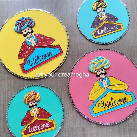 Traditional Welcome board(turban man) DM to order Available in two sizes Bulk order acceptable #turbanman #welcomeboard #padharosa #instagram #traditionaldecor #homedecor #smallbusiness #gift #giftideas #returnfavours #weddiggifts #weddinghampers #handmade #artyourdreamegha Dig Gifts, Lipan Art, Name Plate Design, Welcome Board, Welcome Boards, Keychain Holder, Free Hand Rangoli Design, Free Hand Rangoli, Clay Craft