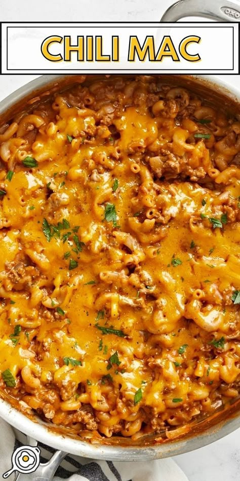 overhead photo of chili mac in a skillet with melted cheese and recipe title block at the top. Hamburger Helper Add Ins Ideas, Chili Mac Hamburger Helper, Homemade Chili Mac Hamburger Helper, Healthier Homemade One Pot Hamburger Helper, Copycat Cheeseburger Macaroni Hamburger Helper, Super Cheap Meals, One Pot Chili Mac, One Pot Chili, Budget Bites