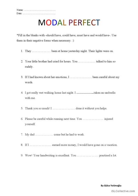 This worksheet consists of 9 sentences and blanks to fill in with the given perfect modals. You need to use them in their negative forms when necessary. Answer key is included. If you have any questions, please feel free to send me a message. Good luck! :) Grammar Practice, Esl Worksheets, English Vocabulary, Grammar, Vocabulary, Let It Be, Feelings