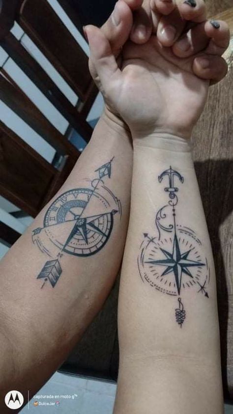 Music Compass Tattoo, Nautical Matching Tattoos, Couple Compass Tattoo Love, Compass Couple Tattoo Ideas, Anchor And Compass Tattoo Couples, Compass Matching Tattoo, Ring Tattoo Designs, Compass Rose Tattoo, Anker Tattoo