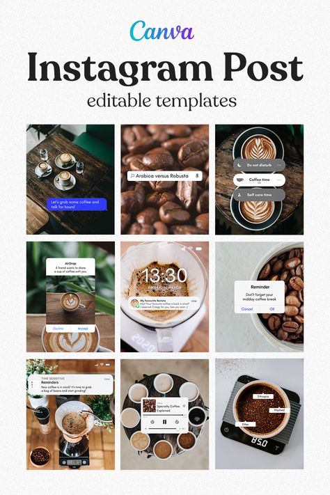 Create eye-catching Instagram posts for a business with these easy-to-use templates in Canva. These posts are designed to attract attention of the viewers. They are highly customizable. Change photos, text, fonts, elements' size and position. You can also remove or add elements! Follow the link to purchase on Etsy. Coffee Instagram Feed Ideas, Coffee Shop Instagram Post, Coffee Instagram Feed, Cafe Instagram Feed, Coffee Shop Instagram Feed, Coffee Instagram Post, Iphone Interface, Instagram Calendar, Instagram Post Design