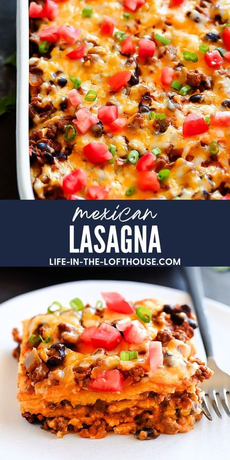 Mexican Beef Lasagna Mexican Lasagne, Taco Lasagna Recipe, Mexican Lasagna Recipes, Mexican Favorites, Seasoned Ground Beef, Chicken Fajita Pasta, Mexican Lasagna, Beef Lasagna, Mexican Beef