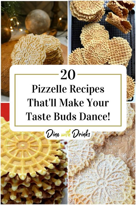 Collage of 4 pizzelle recipes. Italian Pizzelle Cookies, Orange Pizzelle Recipe, Cake Mix Pizzelle Recipe, Almond Flour Pizzelle Recipe, Pizzelle Recipes Flavored, Pizzelles Recipe, Red Velvet Pizzelle Recipe, Pitzells Recipe Anise, Pitzells Recipe