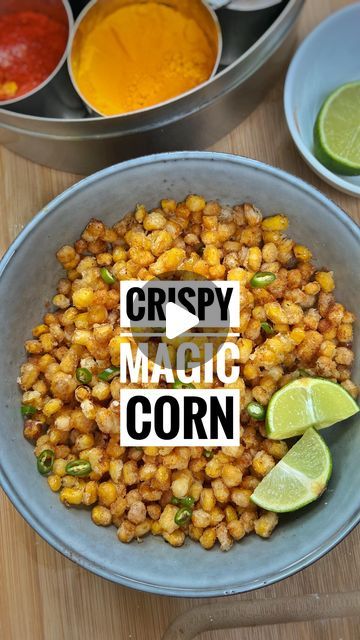 Food & Drink Content Creator, UGC | Roopa 🍕 on Instagram: "EP 27: 13 MILLION VIEWS!!! 🤩 VIRAL 10 Minute Crispy Magic Corn 🌽 

INGREDIENTS:
200g Canned Sweetcorn
3 Tbsp Cornflour
1 Tsp Salt
Green Chilli
Lime/Lemon
1/2 Tsp Paprika
1/2 Tsp Salt
1/2 Tsp Pepper

METHOD:
1. Heat the oil in a skillet on medium. Empty a canned sweetcorn draining excess water then add cornstarch and salt. Make sure each kernel is completely coated and fry in batches for 2-3 minutes whilst stirring. The sweetcorn will stick together so ensure to separate with a spoon whilst frying
2. Remove and drain excess oil on to a paper towel. Place in a bowl and add paprika, salt and pepper and mix well. For garnish add chopped chillis and squeeze lime all over!

#crispysweetcorn #corn #sweetcorn #spicycorn #crispy #veganre Canned Corn Recipes, Corn Side Dish, Green Instagram, Corn Casserole Recipe, Spicy Corn, Corn Chowder Recipe, Corn Recipe, Thanksgiving Dishes, Gujarati Recipes