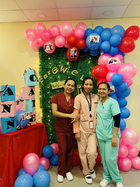 This was taken during the maasalama( farewell) party of our 2 senior nurses, i chose blue and pink to represent NICU, and just to blend the color i used red. I recycled the boxes for their names. It was a simple one but hope everybody will like it🥰🥰🥰 Chemo Party End Of, Party Balloon Garland, Farewell Party, Farewell Parties, Blue And Pink, Choose Me, Balloon Garland, Ball Exercises, Color Me