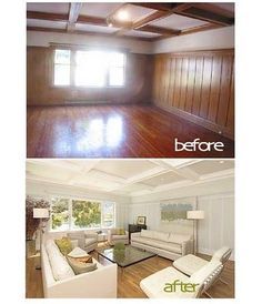 WHY YOU SHOULD ALWAYS PAINT 1970s paneling white or cream!! Dont remove it!! adds architectural interest! Pinner said-This makes me feel so much more comfortable about buying old homes with wood paneling. Remove Paneling From Wall, Removing Paneling From Walls, Paneling Remodel, Paint Over Wood Paneling, Wood Paneling Makeover, Paneling Makeover, Paneling Ideas, Panel Walls, Painting Wood Paneling