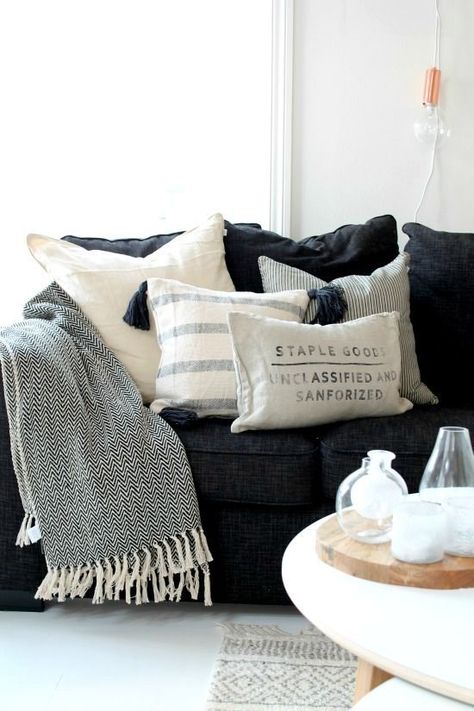 Euro Pillows & a Throw give your couch a touchdown for the season Dark Grey Couches, Pillows And Blankets, Brown Living Room Decor, Euro Pillows, Grey Couches, Coastal Living Rooms, Brown Living Room, Couch Throws, Decoration Inspiration