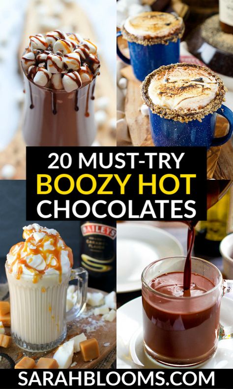 Warm up with these 20 Fabulous Boozy Hot Chocolates perfect for quiet evenings by the fire or holiday parties all season long! #hotchocolate #boozyhotchocolate #spikedhotchocolate #hotchocolaterecipes Hot Chocolate Shots Alcohol, Chocolate Bar Ideas, Hot Chocolate Bar Ideas, Cozy Hot Drinks, Frozen Hot Chocolate Recipe, Boozy Hot Chocolate, Spiked Hot Chocolate, Pastas Recipes, Hot Chocolate Bar