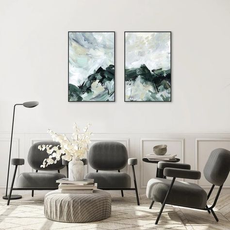 Abstract Landscape Wall Art | Canvas Prints & Posters Three Canvas Painting, Emily Wood, White Abstract Painting, Timber Mouldings, Black And White Frames, Online Wall Art, Green Mountain, Landscape Walls, Art Print Set