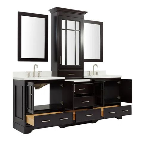 Double Vanity With Tower | Wayfair Solid Wood Cabinets, Vanity Set With Mirror, Double Vanity Bathroom, White Quartz Countertop, Double Sink Bathroom, Double Bathroom, White Sink, Double Sink Bathroom Vanity, Double Bathroom Vanity