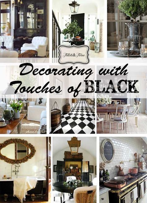 How to decorate with touches of black for an elegant and timeless look. Black And White French Country, White Sunroom, Decorating With Black, Black And White Furniture, Black Rooms, Black Fireplace, Modern French Country, French Country Dining, Country Dining Rooms