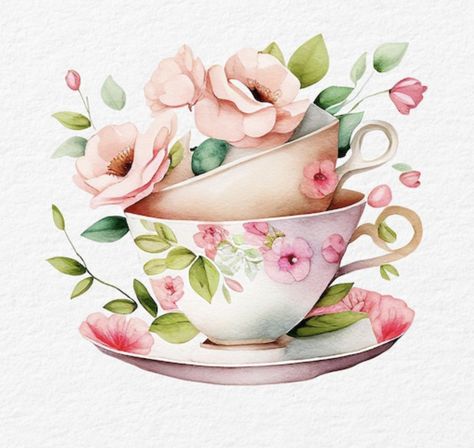 Tea Cups Watercolor, Tea Cup With Flowers Drawing, Teapot Watercolor Painting, Tea Time Watercolor, Teacup Clipart, Tea Pots Art, Printable Things, Tea Decor, Decoupage Ideas