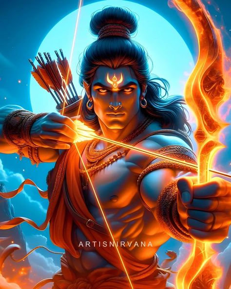 Shree Ram's fierceness in righteousness teaches us to confront injustice with unwavering courage and integrity! 🏹🔥 Like him, we must stand firm against darkness, fearlessly upholding what is right and just. Through his life, we learn that in the face of adversity, righteousness is our greatest strength, guiding us towards a brighter path. 🙏🧡 Have an awesome day, Jai Shree Ram!🙏🚩🧡 Share on Story! Follow me 👉 @artisnirvana for Daily God posts! DON'T Repost.🤨 #ram #jaishreeram #hanuman #ram... Ram Avatar, Sia Ram, Angry Wallpapers, Ram Ji Photo, Buddha Canvas Art, Hanuman Tattoo, Siya Ram, Childhood Photography, 3d Reference