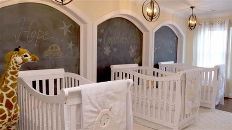 Couple gets much-needed nursery renovation ahead of triplets Quadruplets Nursery, Triplet Room Ideas, Triplet Nursery, Nursery Renovation, Triplets Bedroom, Triplets Nursery, Luxury Baby Crib, Twin Baby Rooms, Luxury Baby Nursery