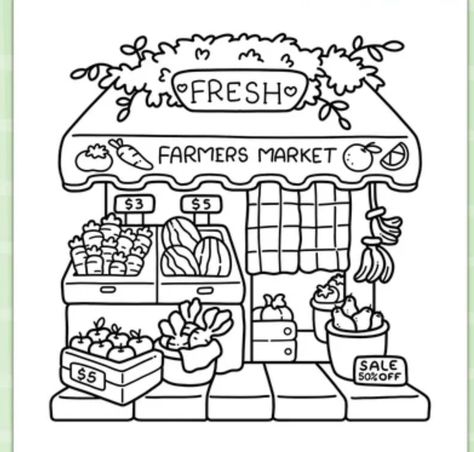 Flower Shop Coloring Page, Farmers Market Coloring Pages, Bobbie Goods, Corner Plant, Toy Room, Color Worksheets, Fresh Market, Toy Rooms, Colouring Book