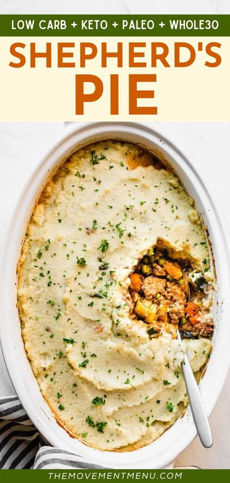 This keto shepherd's pie recipe is the BEST! It's an easy weeknight dinner that's also low-carb, paleo, and Whole30 compliant. Made with ground lamb, vegetables, and mashed cauliflower, this comfort food is healthy and delicious! Keto Shepherd's Pie, Best Paleo Recipes, Easy Whole 30 Recipes, Shepards Pie, Menu Recipes, Cauliflower Mash, Shepherds Pie Recipe, Creamy Cauliflower, Ground Lamb