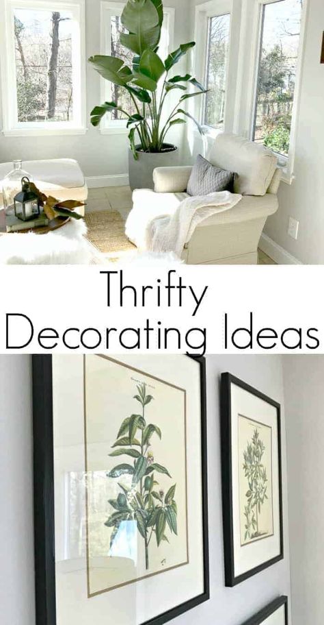 How to create a comfortable sunroom with thrifty decorating ideas. Thrifted artwork, gray painted walls, new plants, new lighting and dark gray paint for a back door transform a small space and make it welcoming. Sunroom Makeover, Affordable Apartment Decor, Sunroom Decor, Money Plants, Gray Painted Walls, Sunroom Ideas, Sunroom Decorating, Farmhouse Side Table, Florida Room