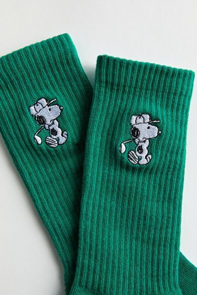 Snoopy embroidery crew socks. Everyday socks with a ribbed knit ankle cuff. Features Crew length socks Ribbed knit ankle cuff Embroidered Snoopy motif Content + Care Includes 1 pair 95% Cotton, 3% polyester, 2% spandex Machine wash Imported | Snoopy Golf Crew Sock in Green, Men's at Urban Outfitters Gifts For College Boys, Snoopy Embroidery, Cool Socks For Men, Snoopy Gifts, Socks Aesthetic, Embroidered Socks, Bf Gifts, Future Clothes, Guys Clothing Styles