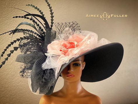 Black Kentucky Derby Hat with pink silk rose Looks elegant and beautiful from all angles. Stunning silk and velvet rose with layers of luxurious crinoline and netting on floppy, over-sized hat. Perfect for Kentucky Derby, Kentucky Oaks, Del Mar races, hat contests, Melbourne Cup, Royal Ascot, church, galas, high tea, weddings, cocktail parties, and more.    *FREE SHIPPING  Handmade by Aimee Fuller in Southern California Kentucky Derby Party Hats, Derby Hats Diy Ideas, Kentucky Derby Hats Diy, Derby Hats Diy, Kentucky Derby Attire, Kentucky Derby Outfit, Cup Hat, Kentucky Derby Fashion, Derby Attire