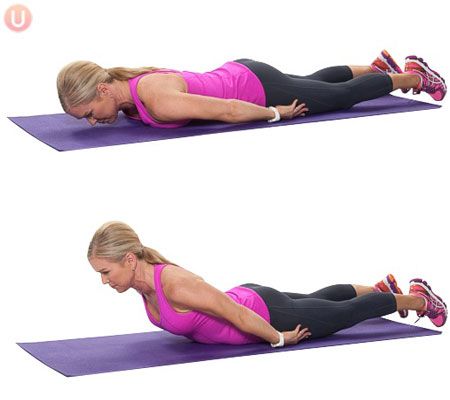 A) Start lying face down on mat. Lift abs away from mat to engage them and slide the shoulders down the back. The head is lifted in a low hover. Your body is one long line. B) Using your back muscles and core, lift the chest away from the mat into extension as you exhale. … Back Extension Exercises, Lower Belly Pooch, Chris Freytag, Back Extension, Back Extensions, 15 Minute Workout, Belly Pooch, Lose Lower Belly Fat, Arm Fat