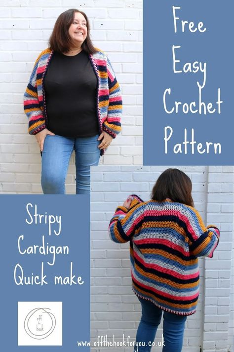 Striped Crochet Cardigan - Free pattern - off the hook for you Crocheted Ponchos, Tooth Mouse, Crissy Doll, Crochet Cardigan Free, Crochet Cardigan Pattern Free, Quick Crochet Patterns, Easy Crochet Patterns Free, Off The Hook, Crochet Shrug