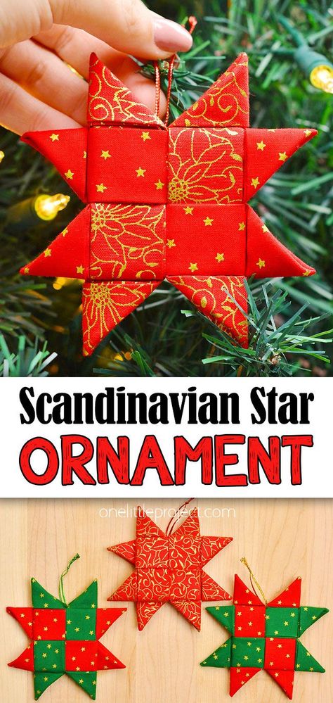 This Scandinavian star ornament is SO PRETTY and it's so easy to make! And all you need is some fabric and a piece of string. This is such a fun winter activity and a great Christmas craft for both adults and kids, no sewing required. And these Scandi stars look so pretty hanging on the Christmas tree! Scandinavian Star Ornament, Scandinavian Star, Origami Christmas Ornament, Scandinavian Christmas Ornaments, Fabric Christmas Decorations, Sewn Christmas Ornaments, Kids Christmas Crafts Easy, Fabric Star, Christmas Fabric Crafts